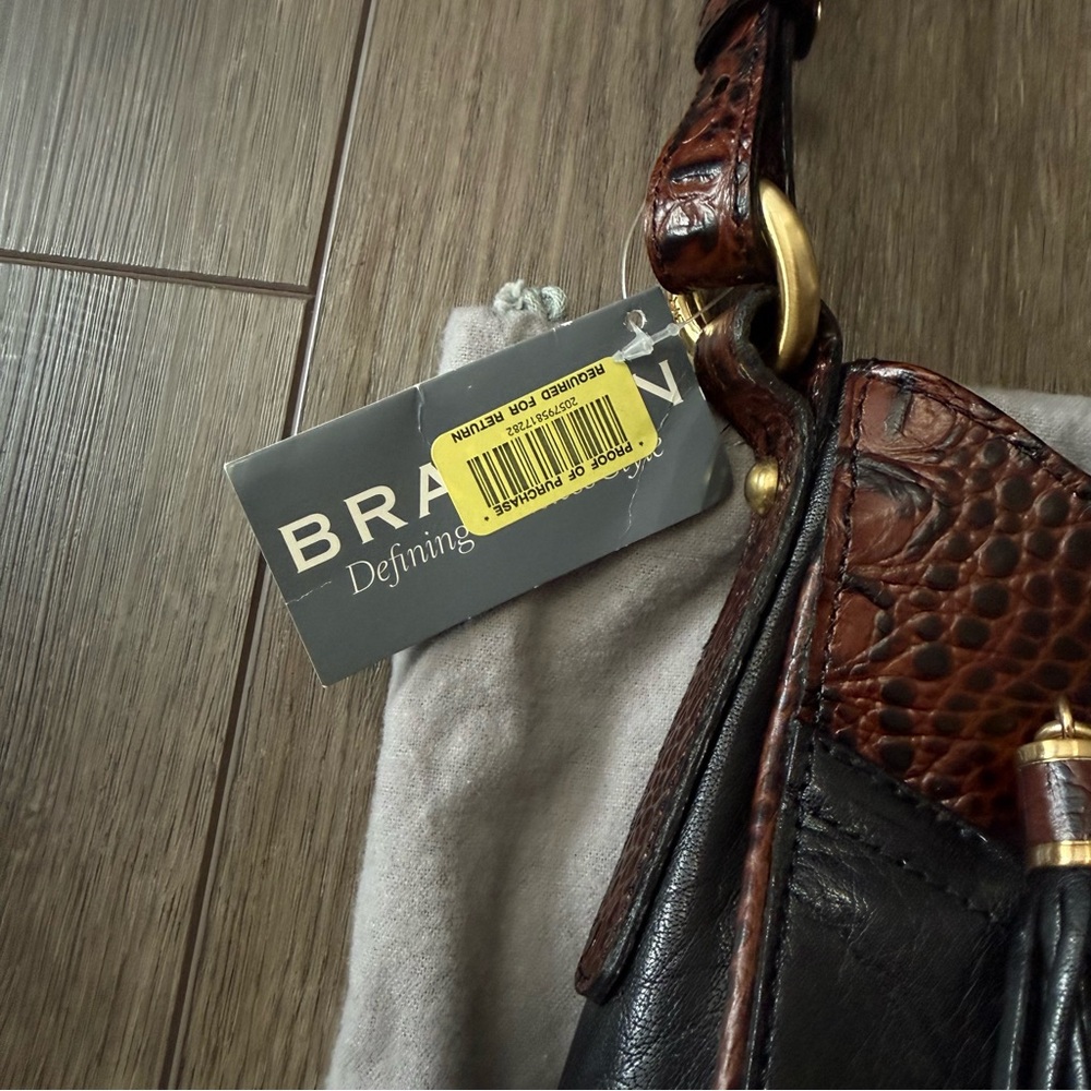 Brahmin Shoulder Bag Womens Black Brown Croc Embossed Leather Tassel Purse Tote - Picture 5 of 10